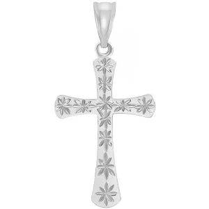 High Polished 14k White Gold Textured Star Cut Religious Cross Pendant
