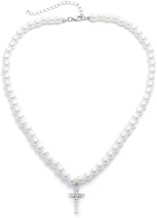 HILOLOA Pearl Necklace Cross Pendant Pearl Choker Necklaces Round White Fashion Pearl Necklace Hip-Hop Retro Cross Pendant Necklace for Women Men