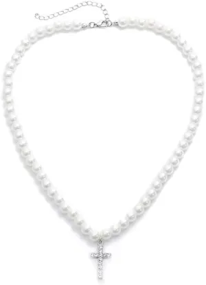HILOLOA Pearl Necklace Cross Pendant Pearl Choker Necklaces Round White Fashion Pearl Necklace Hip-Hop Retro Cross Pendant Necklace for Women Men