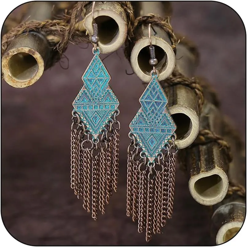 Hippie Earrings for Women, Western Cowgirl Vintage Long Tassel Drop Dangle Statement Earring Geometric Shape Country Boho Style Jewelry Gifts
