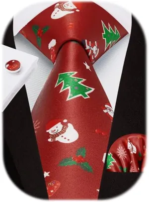 HISDERN Christmas Ties for Men Festival Xmas Silk Necktie Holiday Vocation Funny Tie Pocket Square Cufflinks Set