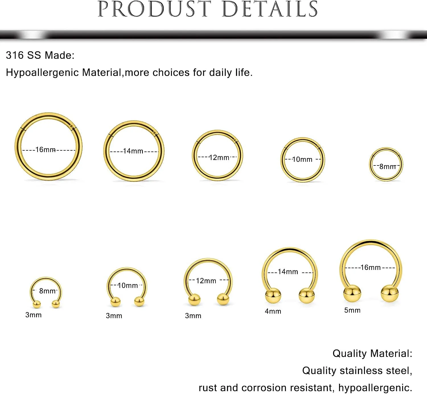 Hoeudjo 16G Stainless Steel Hinged Clicker Segment Septum Rings Horseshoe Earring Nose Lip Ring Hoop Cartilage Tragus Daith Helix Sleeper Earrings Body Piercing Jewelry 8mm-16mm