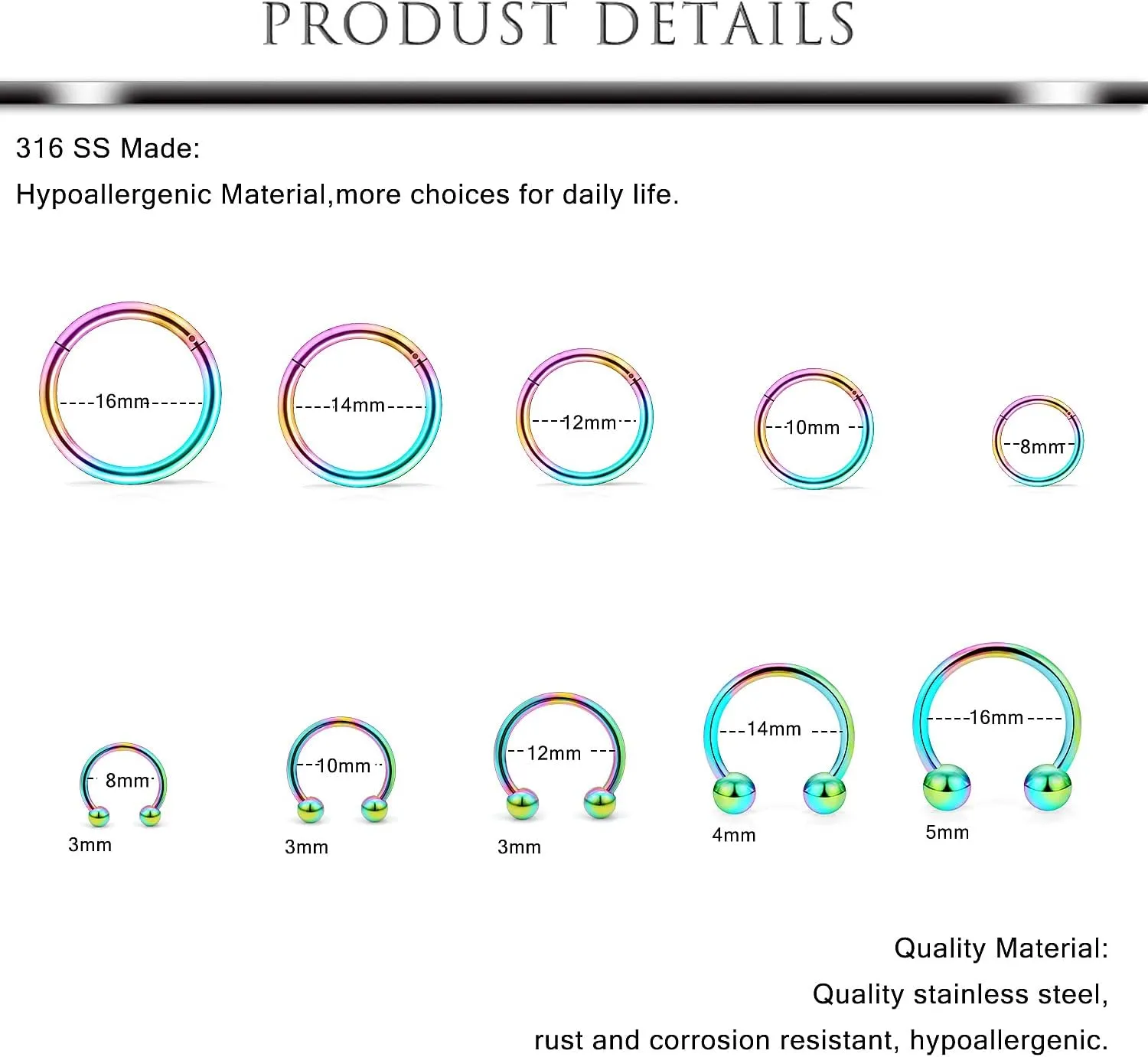 Hoeudjo 16G Stainless Steel Hinged Clicker Segment Septum Rings Horseshoe Earring Nose Lip Ring Hoop Cartilage Tragus Daith Helix Sleeper Earrings Body Piercing Jewelry 8mm-16mm