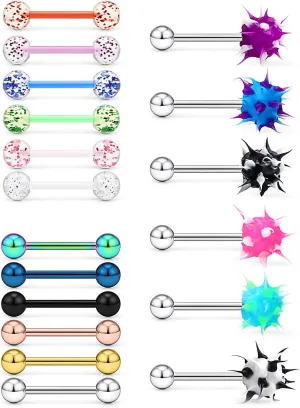 Hoeudjo 18Pcs 14G Tongue Rings Surgical Steel Soft Silicone Nipple Straight Barbells Bar Piercing Jewelry for Women Men 16mm (5/8 Inch)
