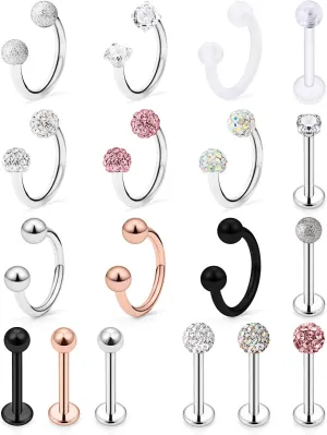 Hoeudjo 9-18PCS 16G Surgical Steel Lip Hoop Ring Crystal Cubic Horseshoe Barbell Tragus Cartilage Earring Helix Daith Septum Hoop Piercing Body Piercing Jewelry Retainer for Women Men 8-10mm