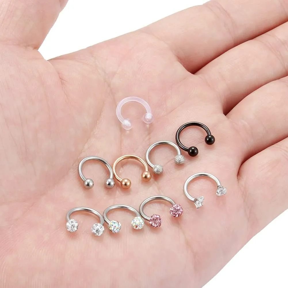 Hoeudjo 9-18PCS 16G Surgical Steel Lip Hoop Ring Crystal Cubic Horseshoe Barbell Tragus Cartilage Earring Helix Daith Septum Hoop Piercing Body Piercing Jewelry Retainer for Women Men 8-10mm