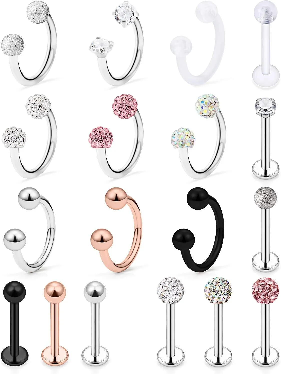 Hoeudjo 9-18PCS 16G Surgical Steel Lip Hoop Ring Crystal Cubic Horseshoe Barbell Tragus Cartilage Earring Helix Daith Septum Hoop Piercing Body Piercing Jewelry Retainer for Women Men 8-10mm