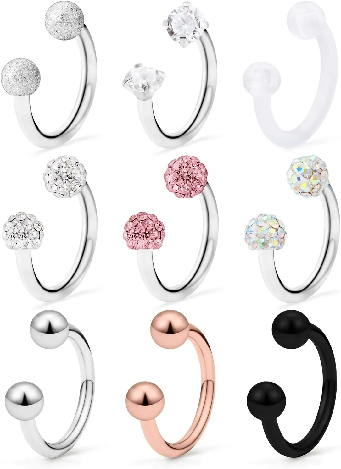 Hoeudjo 9-18PCS 16G Surgical Steel Lip Hoop Ring Crystal Cubic Horseshoe Barbell Tragus Cartilage Earring Helix Daith Septum Hoop Piercing Body Piercing Jewelry Retainer for Women Men 8-10mm