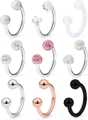 Hoeudjo 9-18PCS 16G Surgical Steel Lip Hoop Ring Crystal Cubic Horseshoe Barbell Tragus Cartilage Earring Helix Daith Septum Hoop Piercing Body Piercing Jewelry Retainer for Women Men 8-10mm