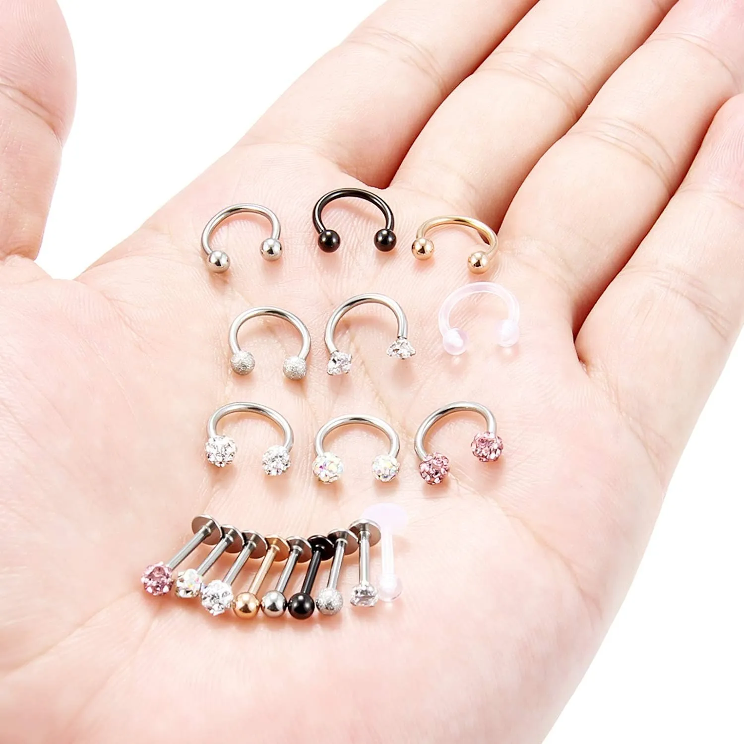 Hoeudjo 9-18PCS 16G Surgical Steel Lip Hoop Ring Crystal Cubic Horseshoe Barbell Tragus Cartilage Earring Helix Daith Septum Hoop Piercing Body Piercing Jewelry Retainer for Women Men 8-10mm