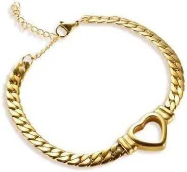 Hollow Heart Flat Cuban Link Bracelet for Women Gold Plated Stainless Steel Punk Statement Chunky Chain Dainty Charm Love Heart Bangle Bracelets Ankle Hip Hop Jewelry