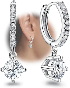 Hoop Earring with Dangle Round- Sterling Silver Hoop Earrings for Women Trendy Hypoallergenic Small Loop Earrings with Dangling Charm for Sensitive Ears Cubic Zirconia Fashion Huggie Earrings Gifts