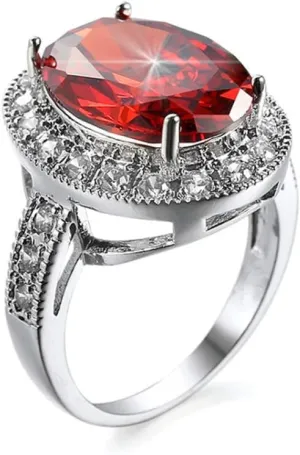 HSQYJ Oval Red Crystal Wedding Engagement Ring Rhodium Plated Cocktail Ring CZ Band Rings Fashion Jewelry for Women Gift