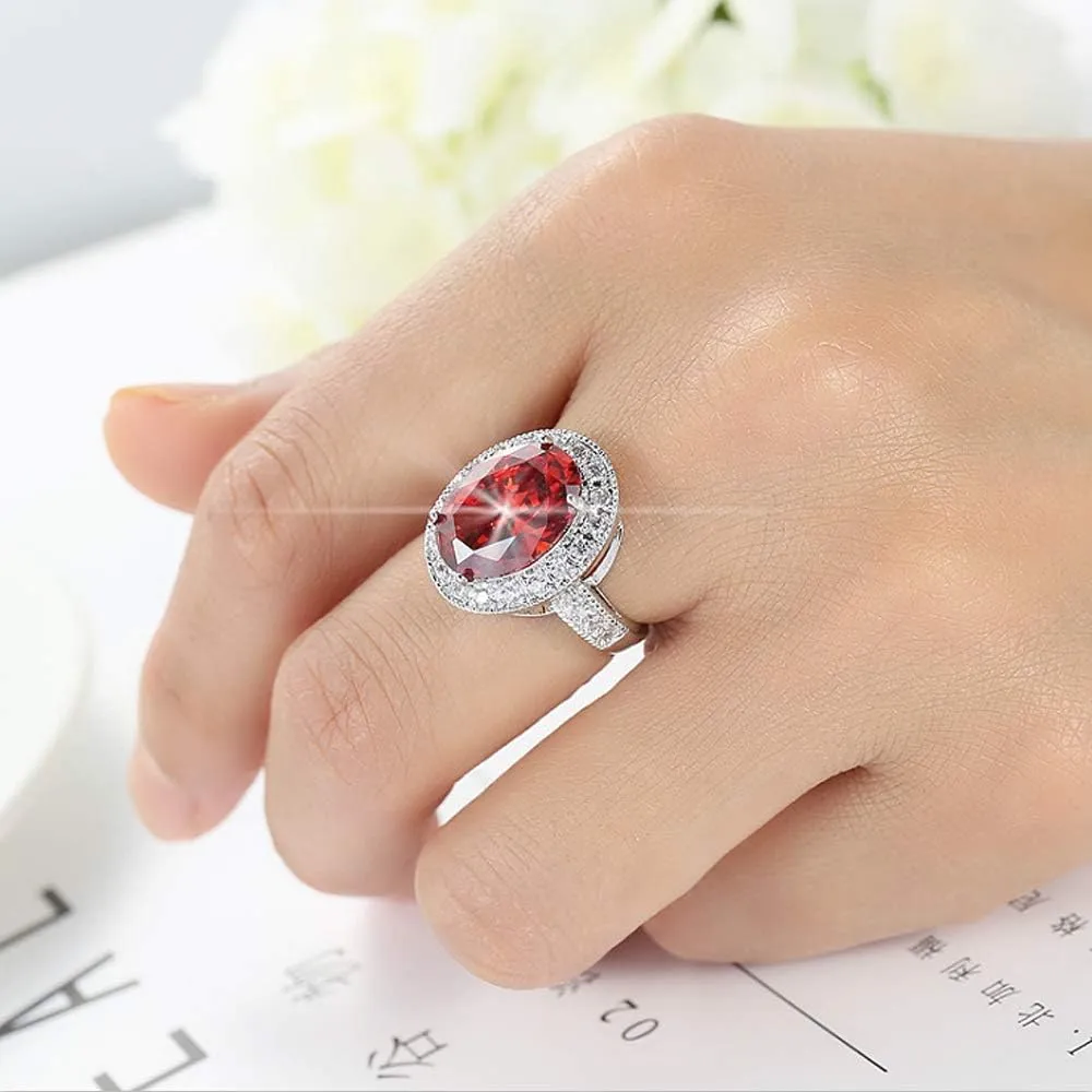 HSQYJ Oval Red Crystal Wedding Engagement Ring Rhodium Plated Cocktail Ring CZ Band Rings Fashion Jewelry for Women Gift