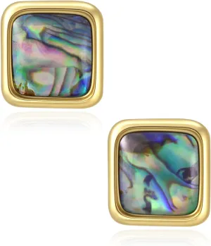 Hypoallergenic Square Abalone Shell Stud Earrings for Women, Vintage Boho Style, 14K Gold Plated Colorful Jewelry with 925 Sterling Silver Post, Gifts for Weddings, Sensitive Ears & Daily Wear