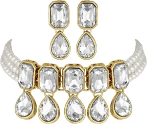 I Jewels Gold Plated Indian Wedding Handcrafted Pearl Beaded Choker with Earrings for Women