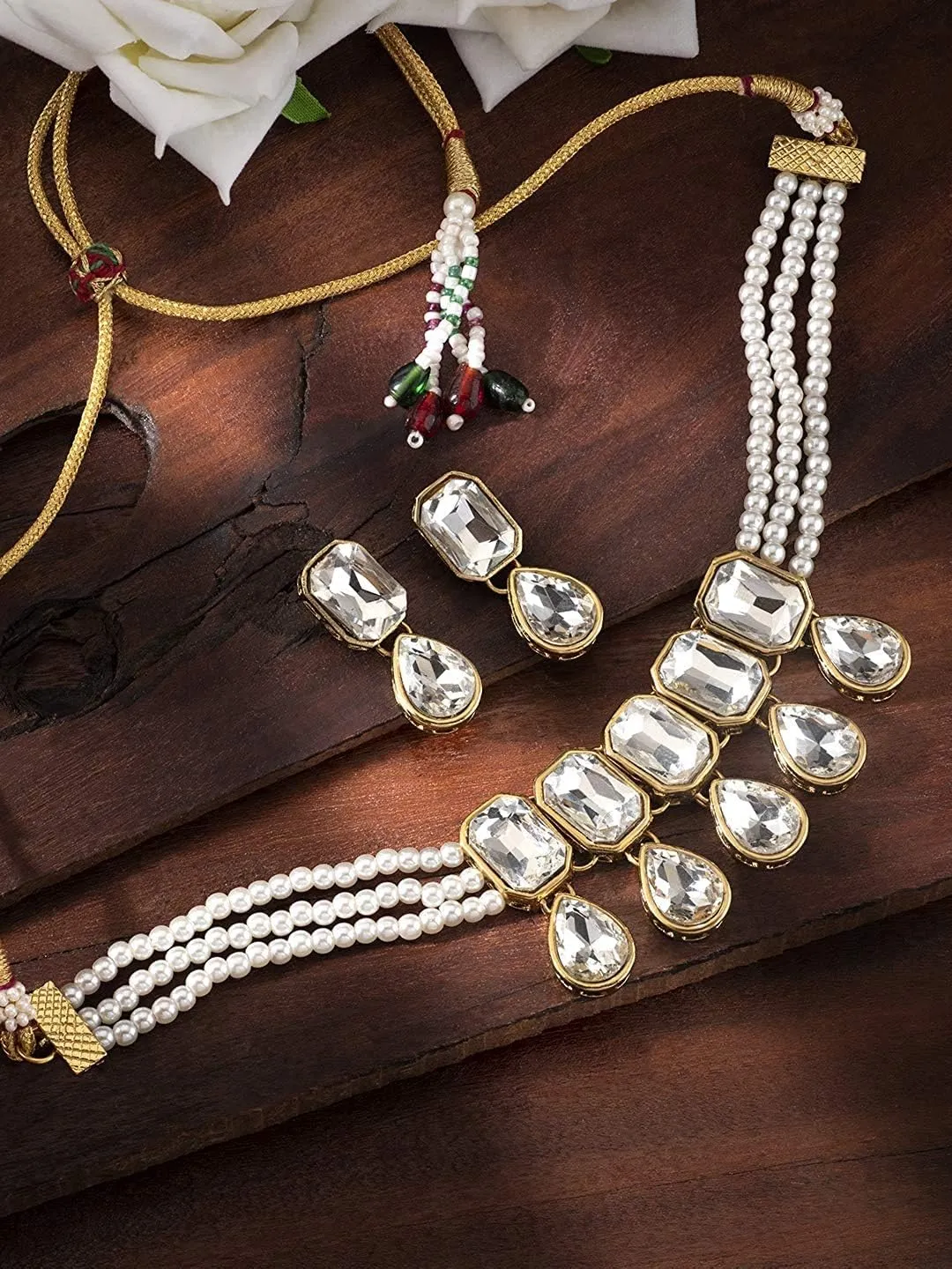 I Jewels Gold Plated Indian Wedding Handcrafted Pearl Beaded Choker with Earrings for Women
