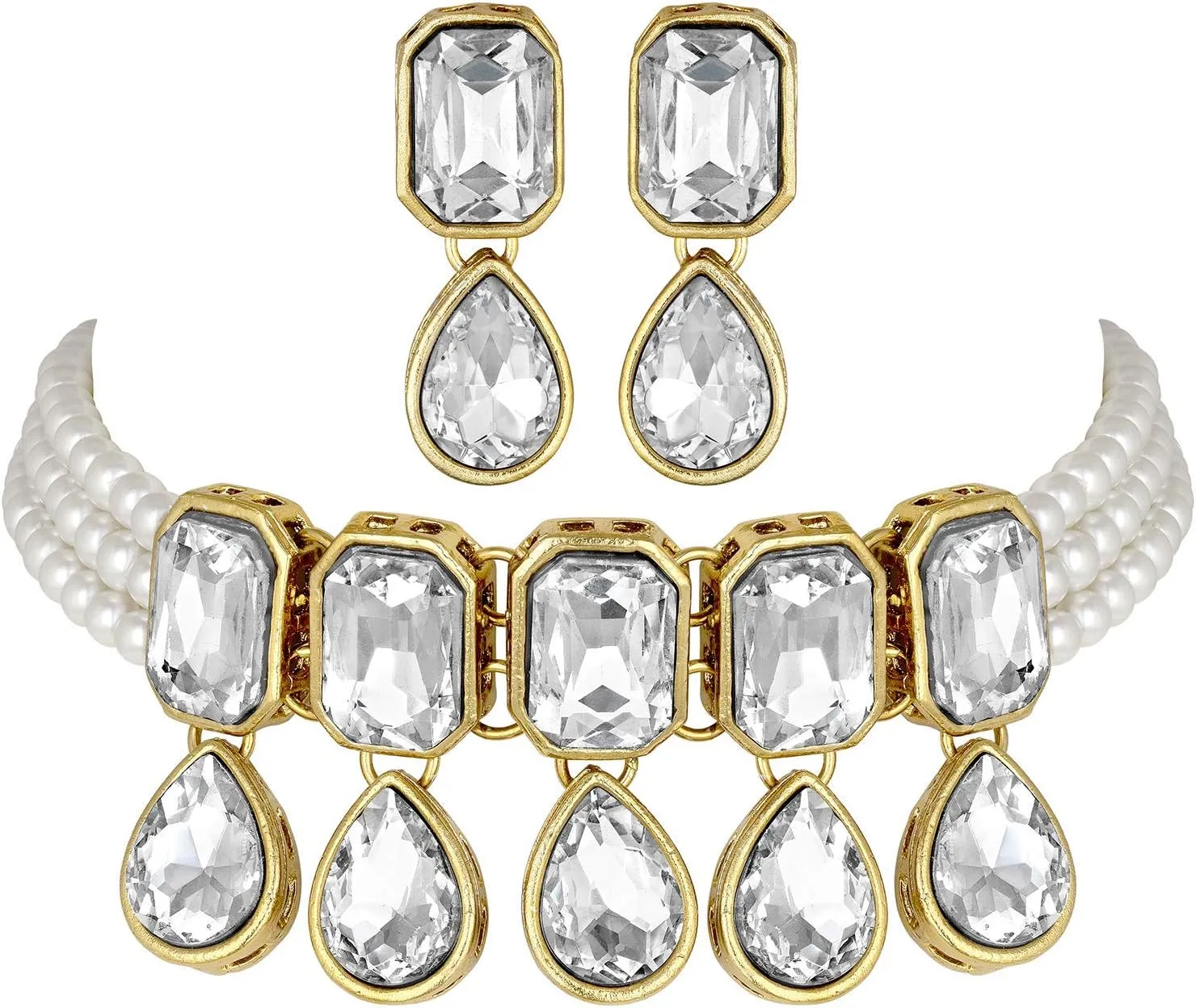 I Jewels Gold Plated Indian Wedding Handcrafted Pearl Beaded Choker with Earrings for Women