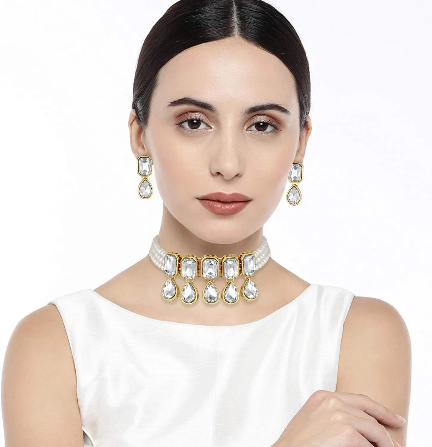 I Jewels Gold Plated Indian Wedding Handcrafted Pearl Beaded Choker with Earrings for Women