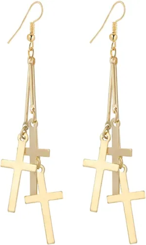 IDB Dangle Triple Cross Religious Hook Earrings - Large Dangling Cross Earrings - Approx 3 15/16 inch Drop - Available in Silver and Gold Tones