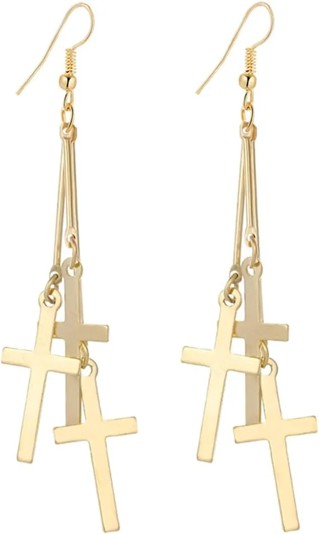 IDB Dangle Triple Cross Religious Hook Earrings - Large Dangling Cross Earrings - Approx 3 15/16 inch Drop - Available in Silver and Gold Tones