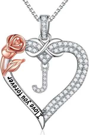 Iefil Rose Heart Necklace Gifts for Women, 925 Sterling Silver Rose Heart Initial Letter Heart Pendant Necklace, Mothers Day Anniversary Birthday Gifts for Her Mom Daughter Wife Grandma