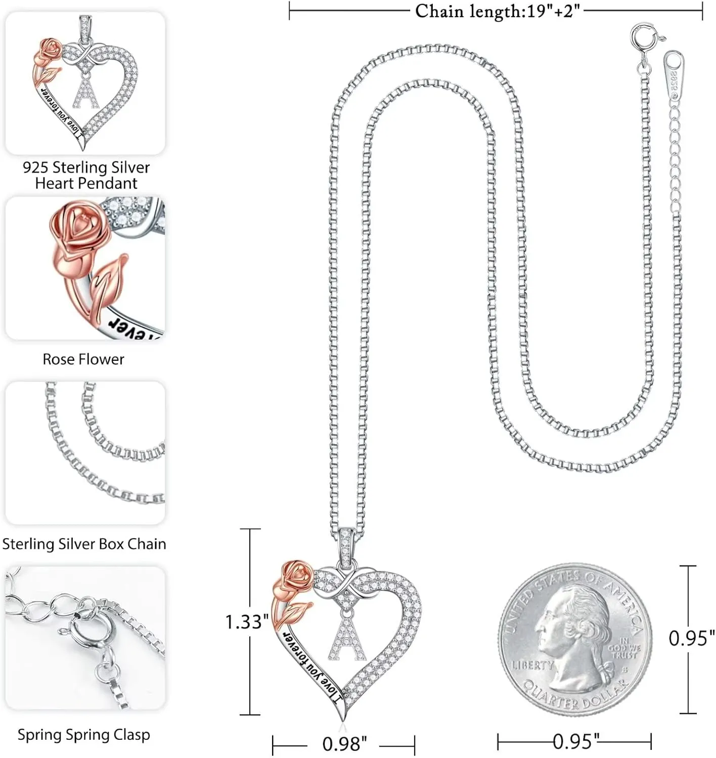 Iefil Rose Heart Necklace Gifts for Women, 925 Sterling Silver Rose Heart Initial Letter Heart Pendant Necklace, Mothers Day Anniversary Birthday Gifts for Her Mom Daughter Wife Grandma