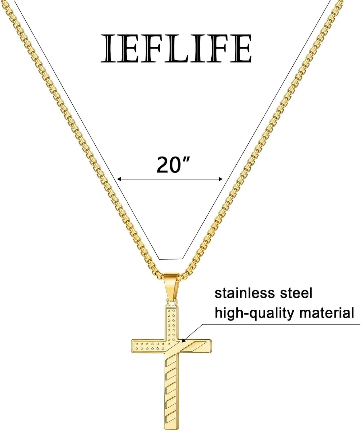 IEFLIFE Cross Necklaces for Men - American Flag Cross Necklace in Black, Silver, Gold for Baptism, Fathers Day, Christmas Gifts for Dad, Step Dad, Son, Grandpa, Boyfriend