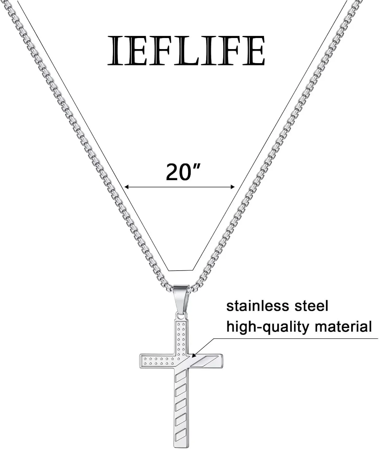 IEFLIFE Cross Necklaces for Men - American Flag Cross Necklace in Black, Silver, Gold for Baptism, Fathers Day, Christmas Gifts for Dad, Step Dad, Son, Grandpa, Boyfriend