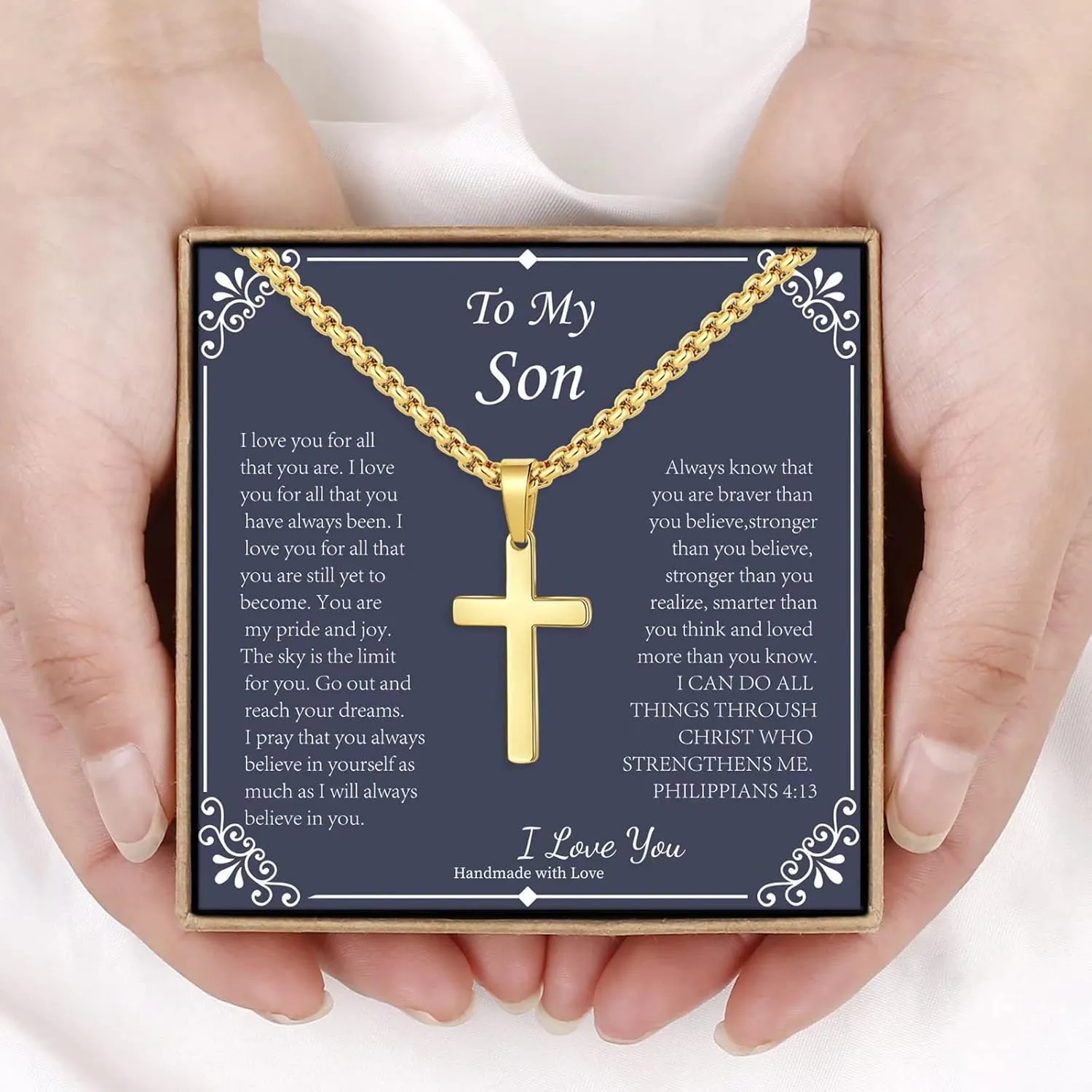 IEFLIFE Cross Necklaces Gifts for Men, Silver/Black/Gold Cross Necklace Box Chain Necklace for Men, Fathers Day Christmas Religious Baptism Christian Gift for Dad Son Boyfriend Husband Step Dad