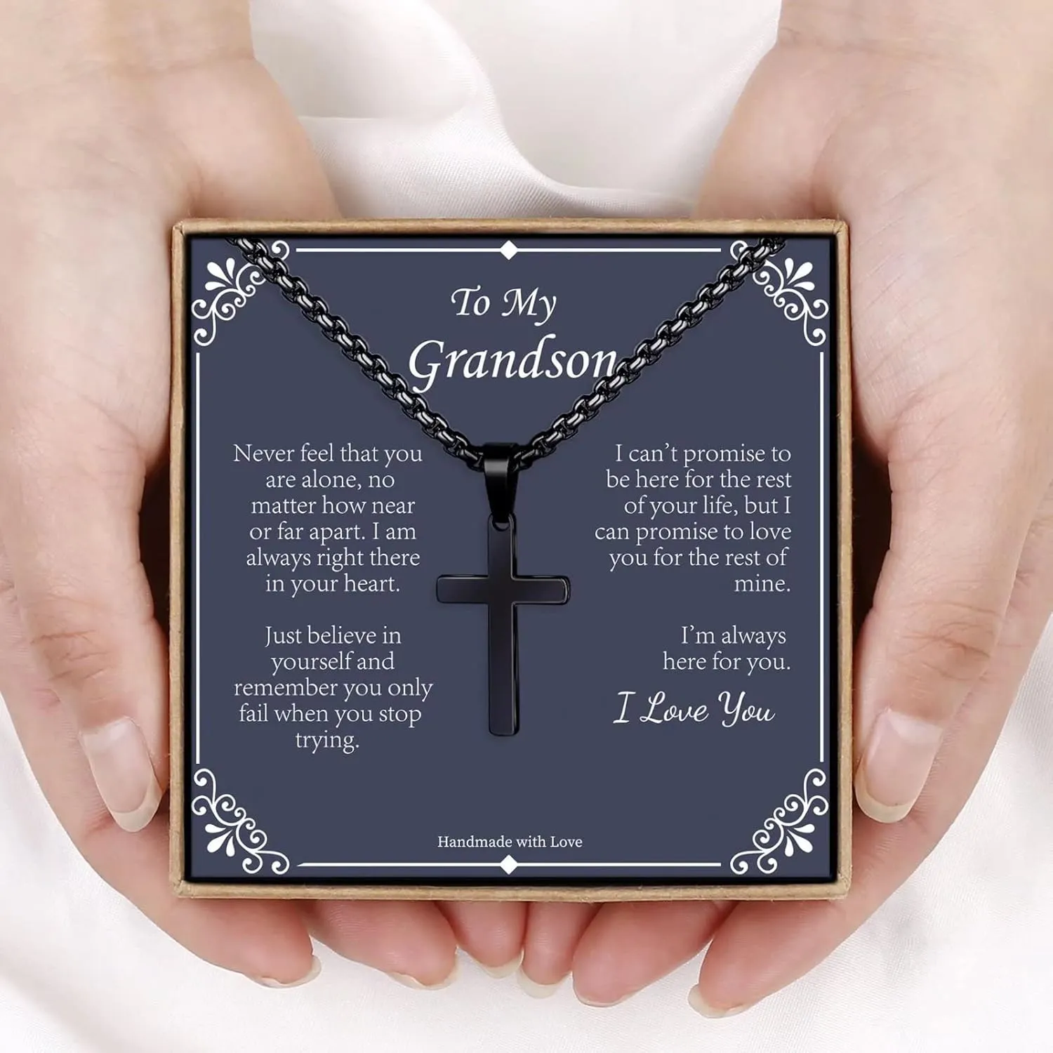IEFLIFE Cross Necklaces Gifts for Men, Silver/Black/Gold Cross Necklace Box Chain Necklace for Men, Fathers Day Christmas Religious Baptism Christian Gift for Dad Son Boyfriend Husband Step Dad