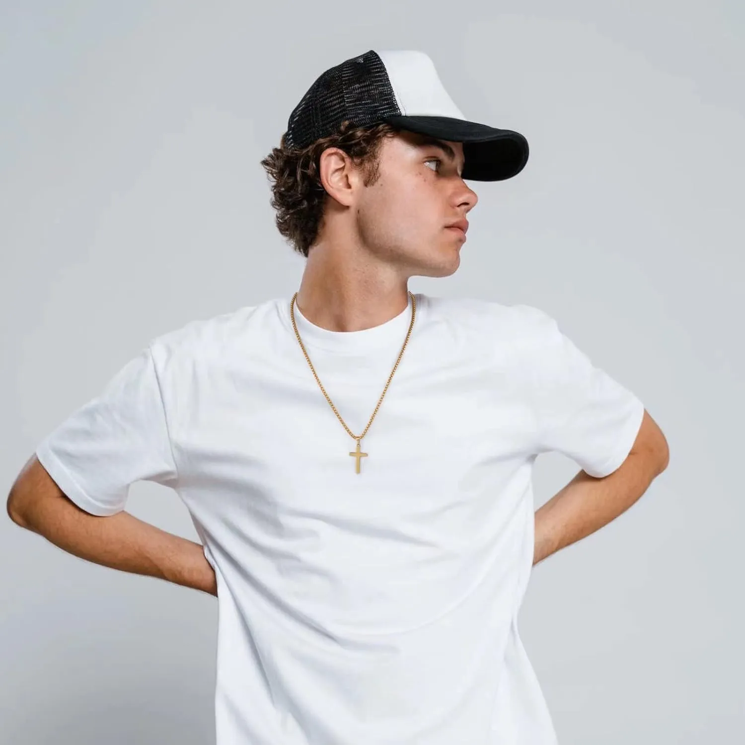 IEFLIFE Cross Necklaces Gifts for Men, Silver/Black/Gold Cross Necklace Box Chain Necklace for Men, Fathers Day Christmas Religious Baptism Christian Gift for Dad Son Boyfriend Husband Step Dad