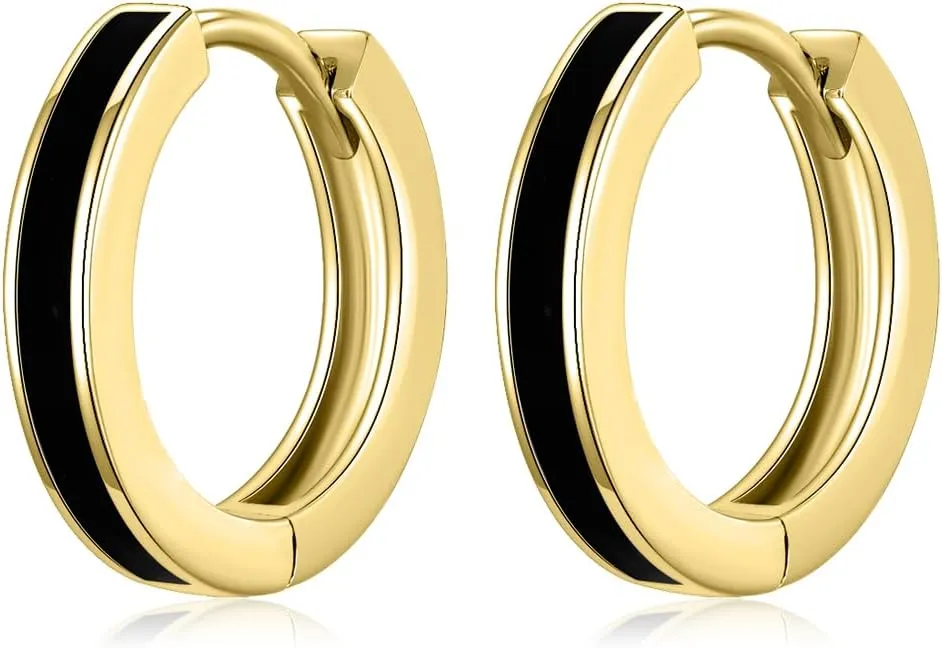 Immobird Hoop Earrings Men 925 Sterling Silver Ear Pins Minimalistic Black Stripe Men Hoop Earrings for Father Boyfriend or Brother