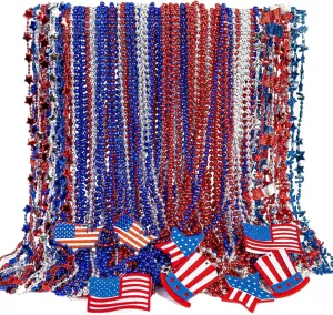 Independence Day Necklace Accessories, 200PCS 4th of July Bead Necklaces, Patriotic 4th of July Red Blue White Necklace USA Hat Flags Pendant, Metallic Necklace for Memorial Day Parades Party Favors
