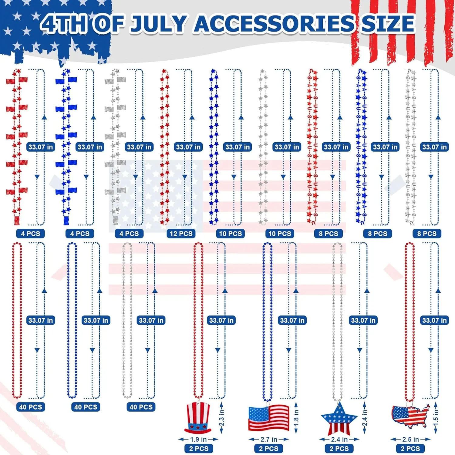 Independence Day Necklace Accessories, 200PCS 4th of July Bead Necklaces, Patriotic 4th of July Red Blue White Necklace USA Hat Flags Pendant, Metallic Necklace for Memorial Day Parades Party Favors
