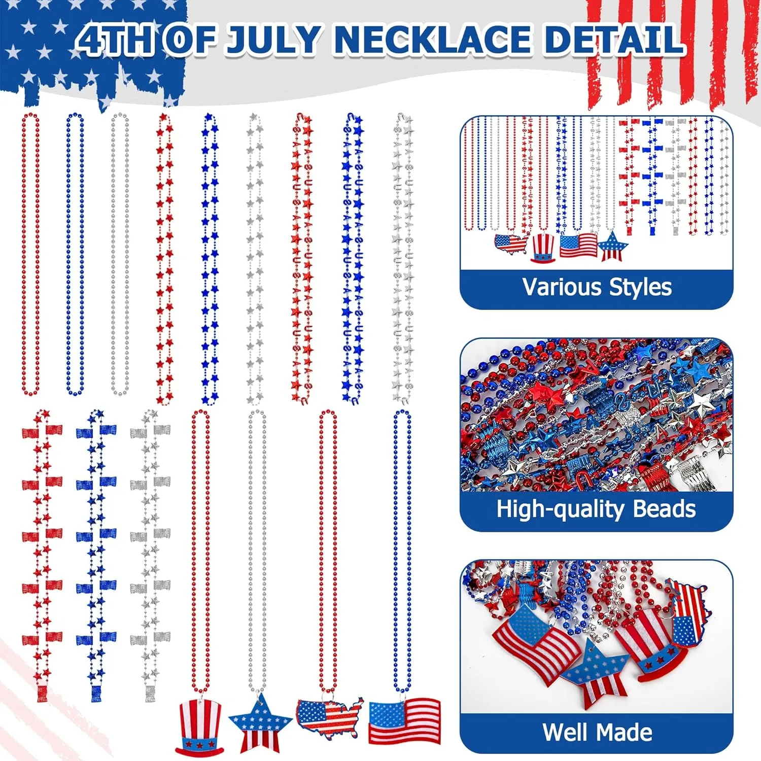 Independence Day Necklace Accessories, 200PCS 4th of July Bead Necklaces, Patriotic 4th of July Red Blue White Necklace USA Hat Flags Pendant, Metallic Necklace for Memorial Day Parades Party Favors