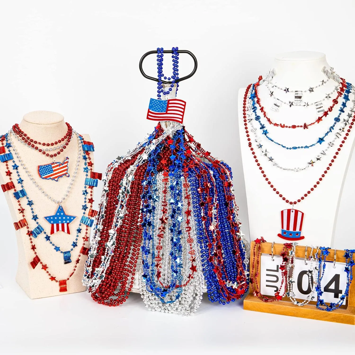 Independence Day Necklace Accessories, 200PCS 4th of July Bead Necklaces, Patriotic 4th of July Red Blue White Necklace USA Hat Flags Pendant, Metallic Necklace for Memorial Day Parades Party Favors