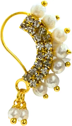 Indian Jewelry Nose Pin  Beaded Faux Pearl & Crystal Bridal Nose Ring Piercing Jewelry for Women, Perfect for Weddings,Occassions and Festivals.