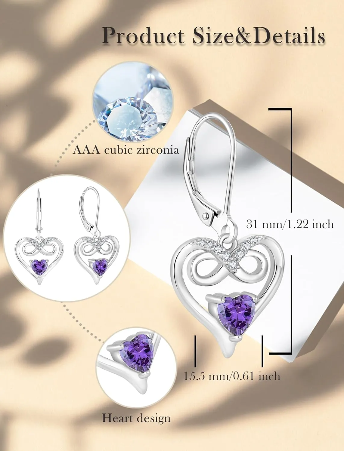 Infinity Heart Dangle Drop Earrings, 925 Sterling Silver Earrings with Birthstones for Women Leverback Jewelry for Gifts