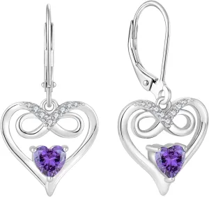 Infinity Heart Dangle Drop Earrings, 925 Sterling Silver Earrings with Birthstones for Women Leverback Jewelry for Gifts