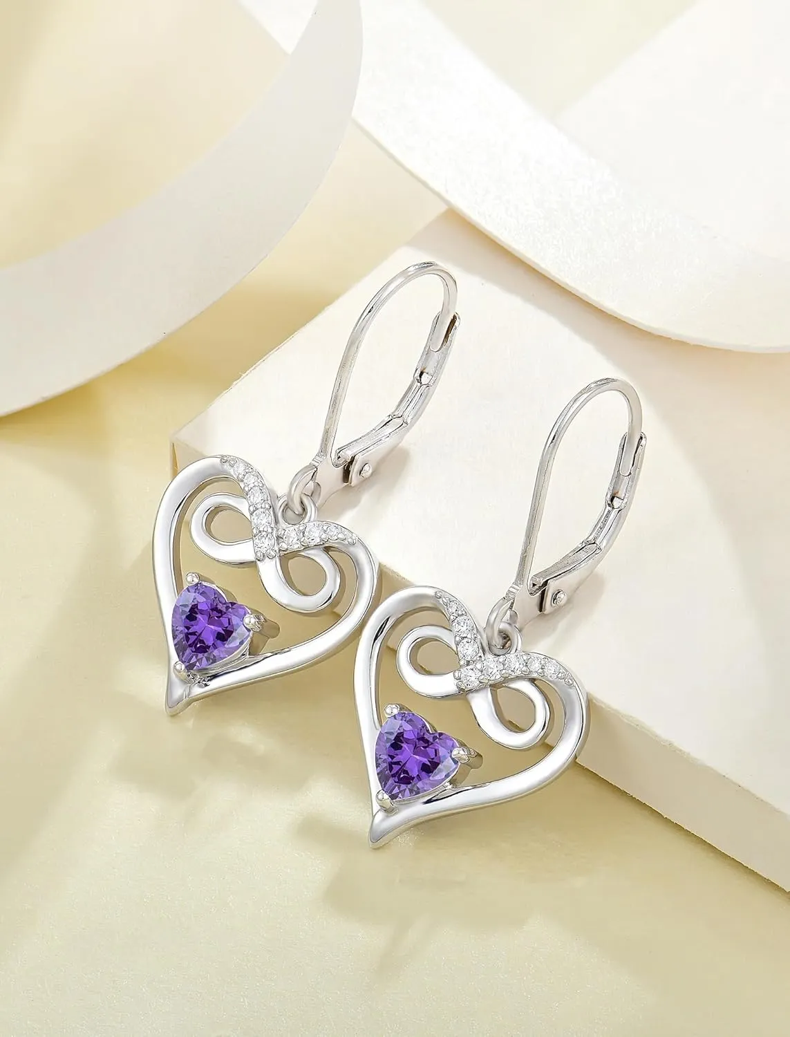 Infinity Heart Dangle Drop Earrings, 925 Sterling Silver Earrings with Birthstones for Women Leverback Jewelry for Gifts