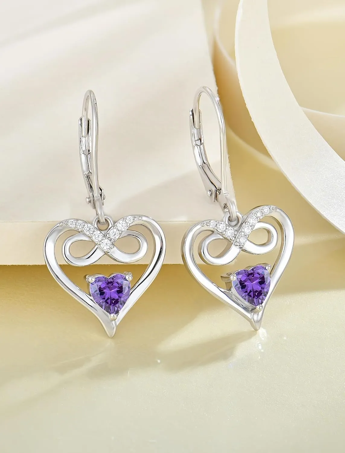 Infinity Heart Dangle Drop Earrings, 925 Sterling Silver Earrings with Birthstones for Women Leverback Jewelry for Gifts