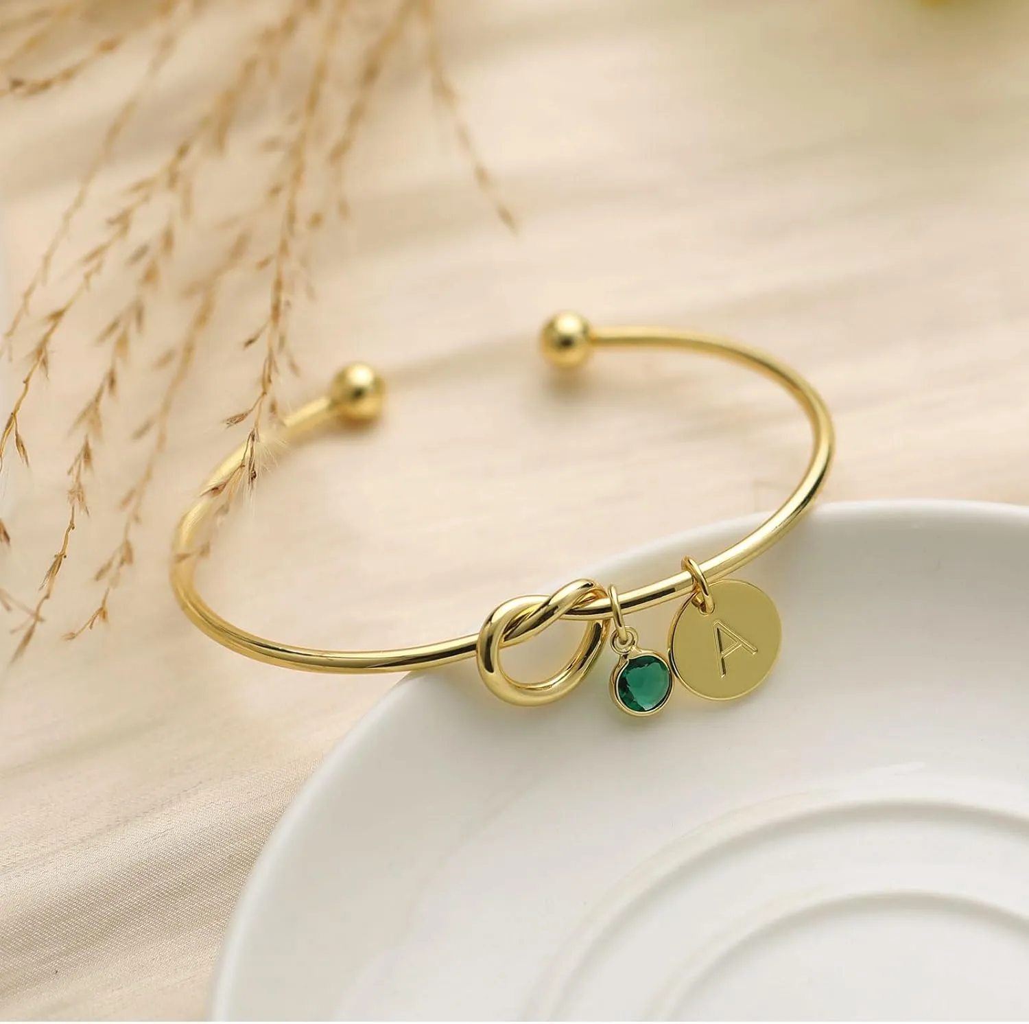 Initial Birthstone Gold Bracelets for Women Trendy 14K Gold Plated Letter A-Z Initial Charm Bracelet Tie the Love Knot Adjustable Cuff Bangle Birthstone Bracelets Birthday Bridesmaid Proposal Gifts