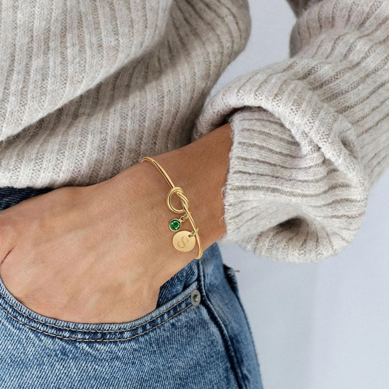Initial Birthstone Gold Bracelets for Women Trendy 14K Gold Plated Letter A-Z Initial Charm Bracelet Tie the Love Knot Adjustable Cuff Bangle Birthstone Bracelets Birthday Bridesmaid Proposal Gifts