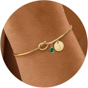 Initial Birthstone Gold Bracelets for Women Trendy 14K Gold Plated Letter A-Z Initial Charm Bracelet Tie the Love Knot Adjustable Cuff Bangle Birthstone Bracelets Birthday Bridesmaid Proposal Gifts