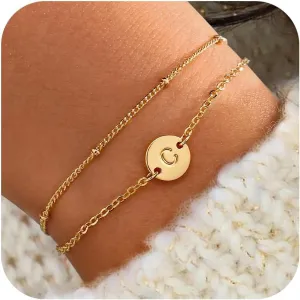 Initial Bracelets for Women Trendy - 18K Gold Plated Letter Bracelet Dainty Disc Monogram Charm Bracelet Gifts