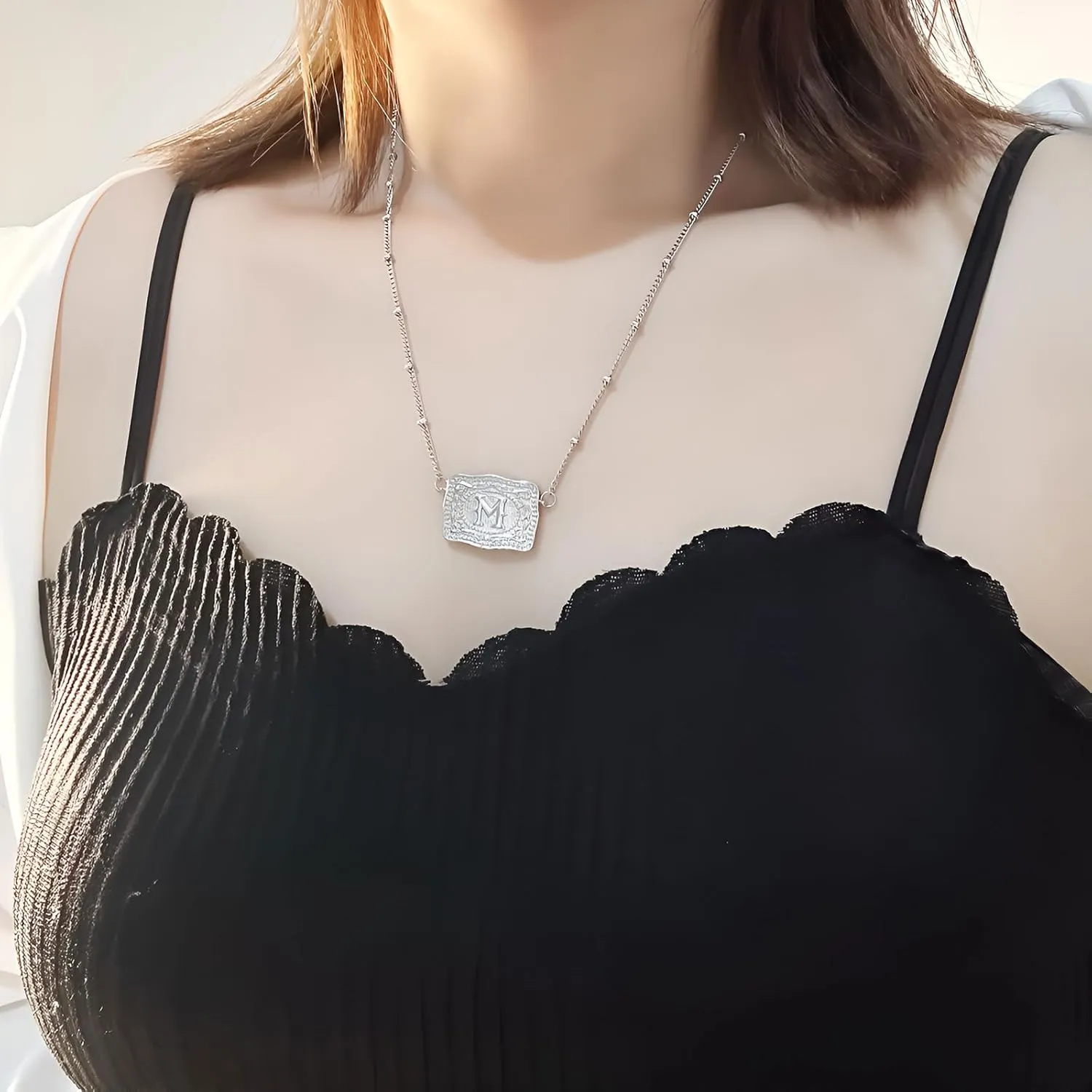 Initial Letter Necklace for Women Embossed Belt Buckle Necklace Sliver Personalized Pendant Necklace Western Jewelry Gift for Women