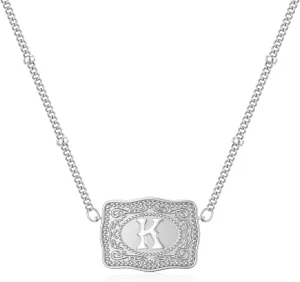 Initial Letter Necklace for Women Embossed Belt Buckle Necklace Sliver Personalized Pendant Necklace Western Jewelry Gift for Women