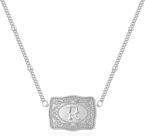 Initial Letter Necklace for Women Embossed Belt Buckle Necklace Sliver Personalized Pendant Necklace Western Jewelry Gift for Women