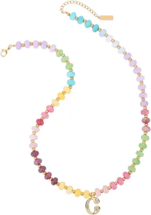 Initial Necklaces for Women with Bubble Letter Pendant and Colorful Beaded Gemstone - Choker 14k Gold Dainty Charm Natural Stone Handmade Jewelry Gift